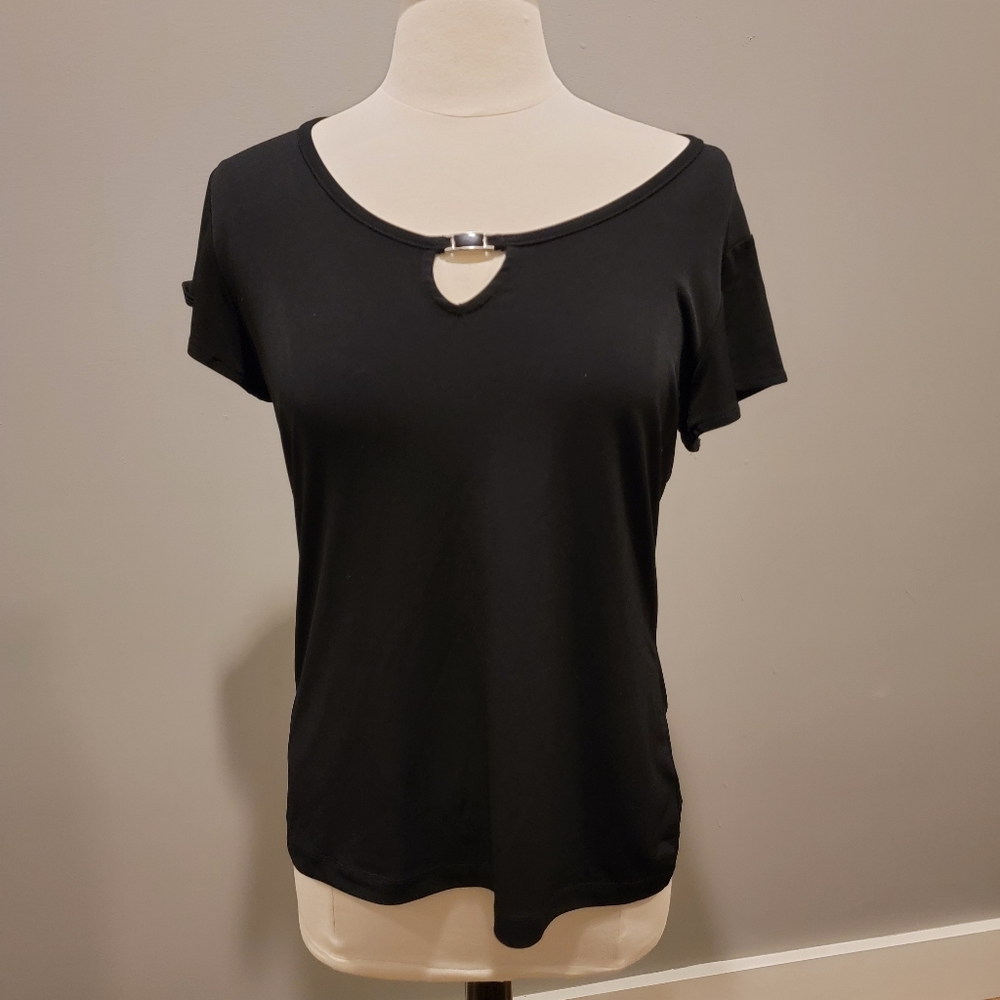 East 5th black dressy tee with cutout detail